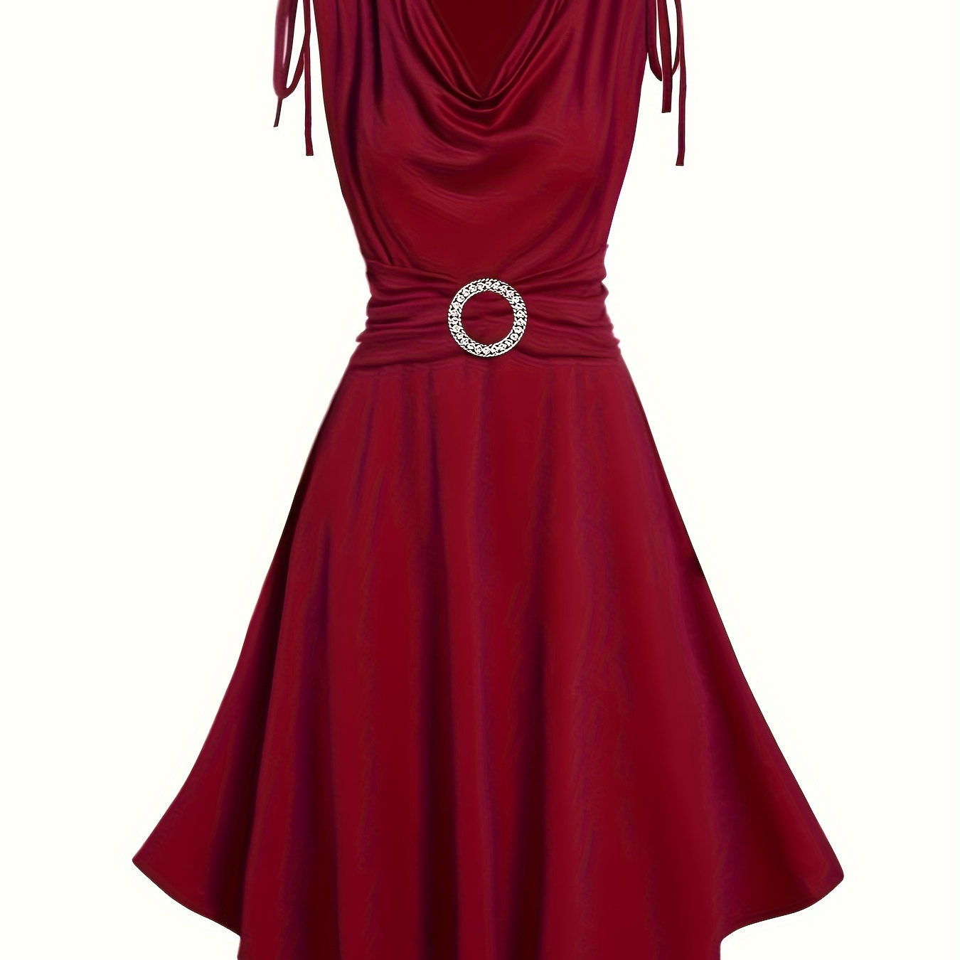 

Rhinestoned Cowl Neck Tank Dress, Vintage Ruffle Hem Aline Swing Solid Dress, Women's Clothing