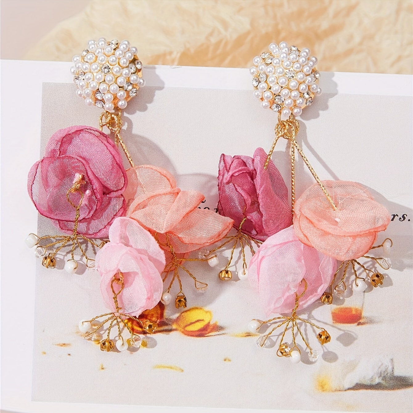 

Fabric Flower Petal Faux Pearl Shiny Rhinestone Inlaid Dangle Earrings Elegant Sexy Style Delicate Holiday Ear Ornaments