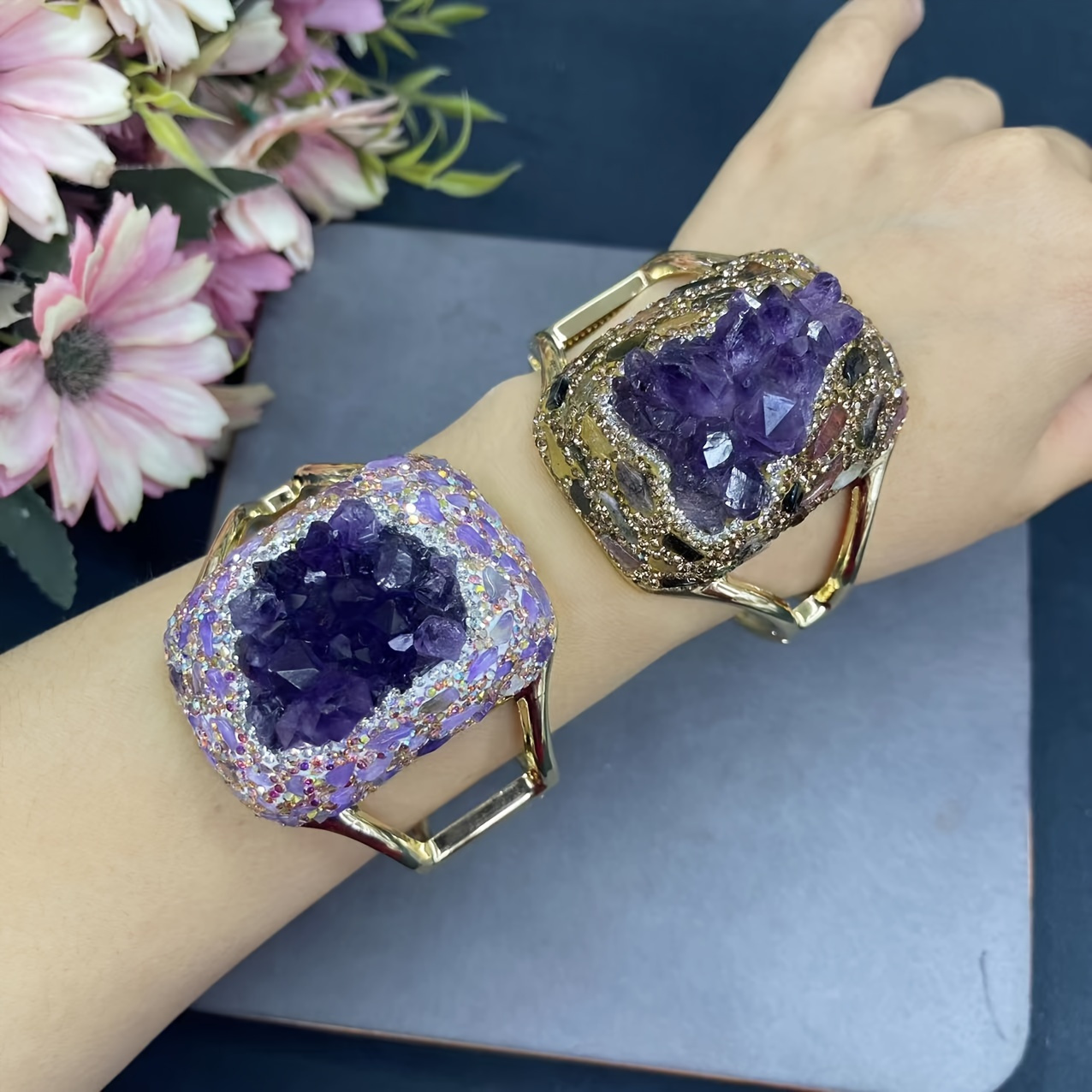 

Pair Of Vintage Bohemian Open Cuff Bracelets With Vibrant Purple Natural Stones, Golden-tone Alloy Detailing, For Weddings, & Special Occasions