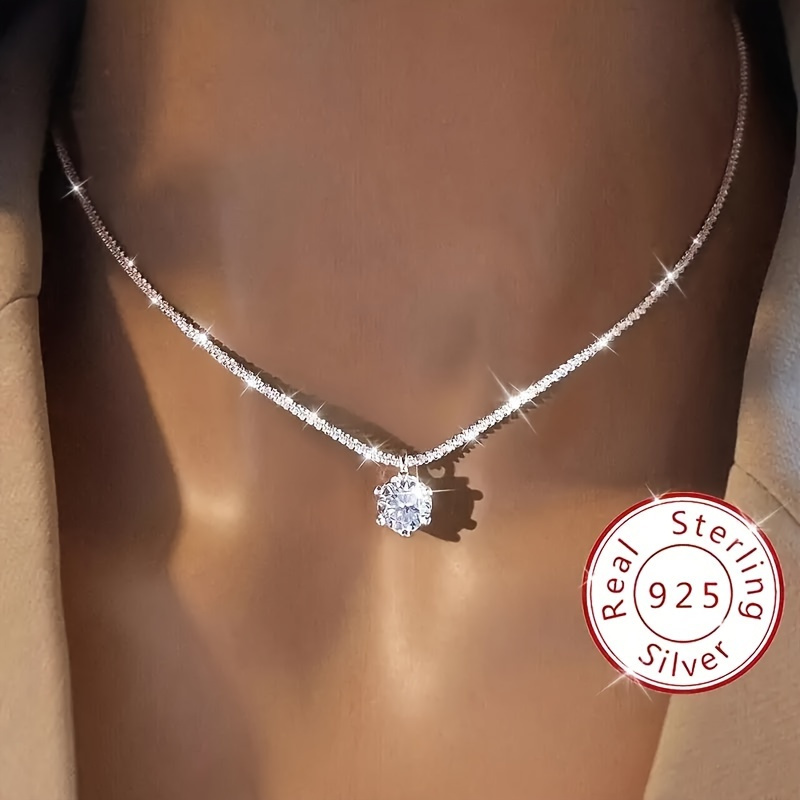 

Luxury Elegant 925 Sterling Silver Chain Necklace With 1ct Moissanite, Promise Style Daily & Party Wear, Silver Plated, All-season Versatile, Perfect For Valentine's Day & Mother's Day Gift