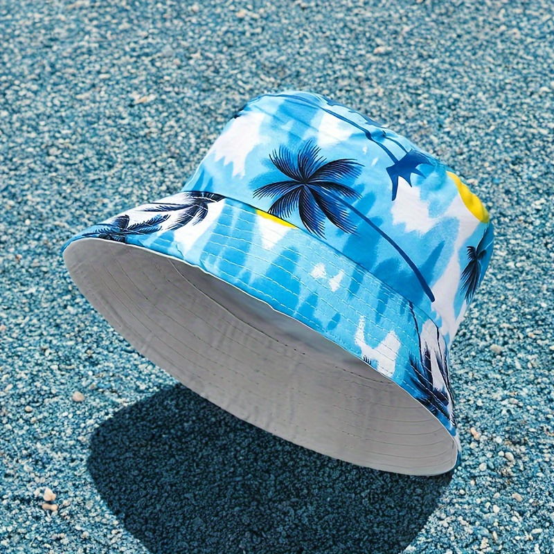 

Chapeau de paille en polyester réversible avec des palmiers et un motif floral, style Hawaï unisexe, protection solaire pour les vacances d'été, lavable en machine, tissu légèrement élastique tissé