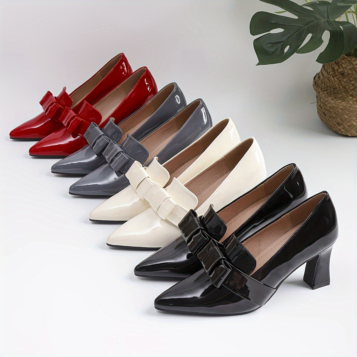 

Elegant High Heeled Pumps For Women, Pointed Toe Shallow Mouth Slip On Soft Sole Dressy Chunky Heels, Bowknot Formal Shoes