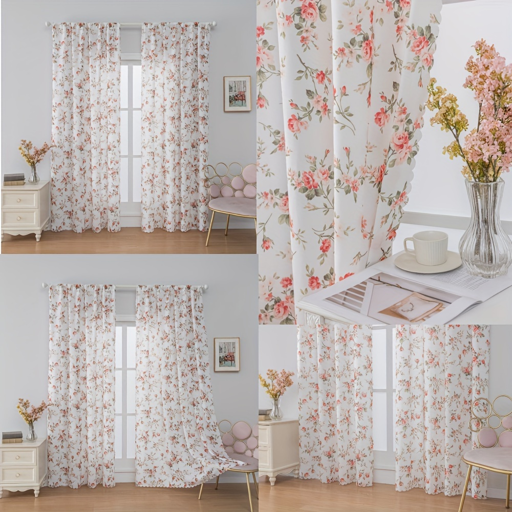 

2-piece Set Romantic Floral Sheer Curtains - Uv Protection, Rod Pocket Design For Kitchen, Dining, Living Room & Home Office Decor