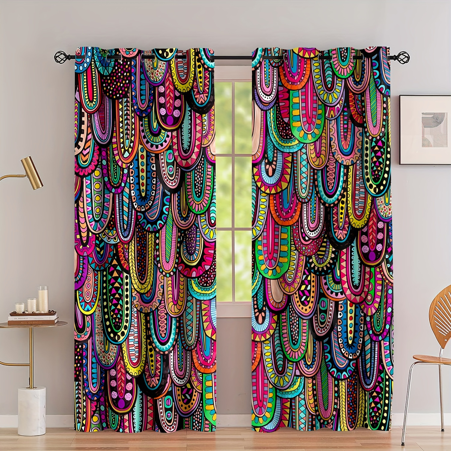 

2pcs/set, Color Geometric Style Background Digital Printing Curtain Grommet Room Curtain, Blocking Curtain, Translucent Indoor Outdoor, Bedroom, Living Room Curtain Furniture Decoration Home Decor