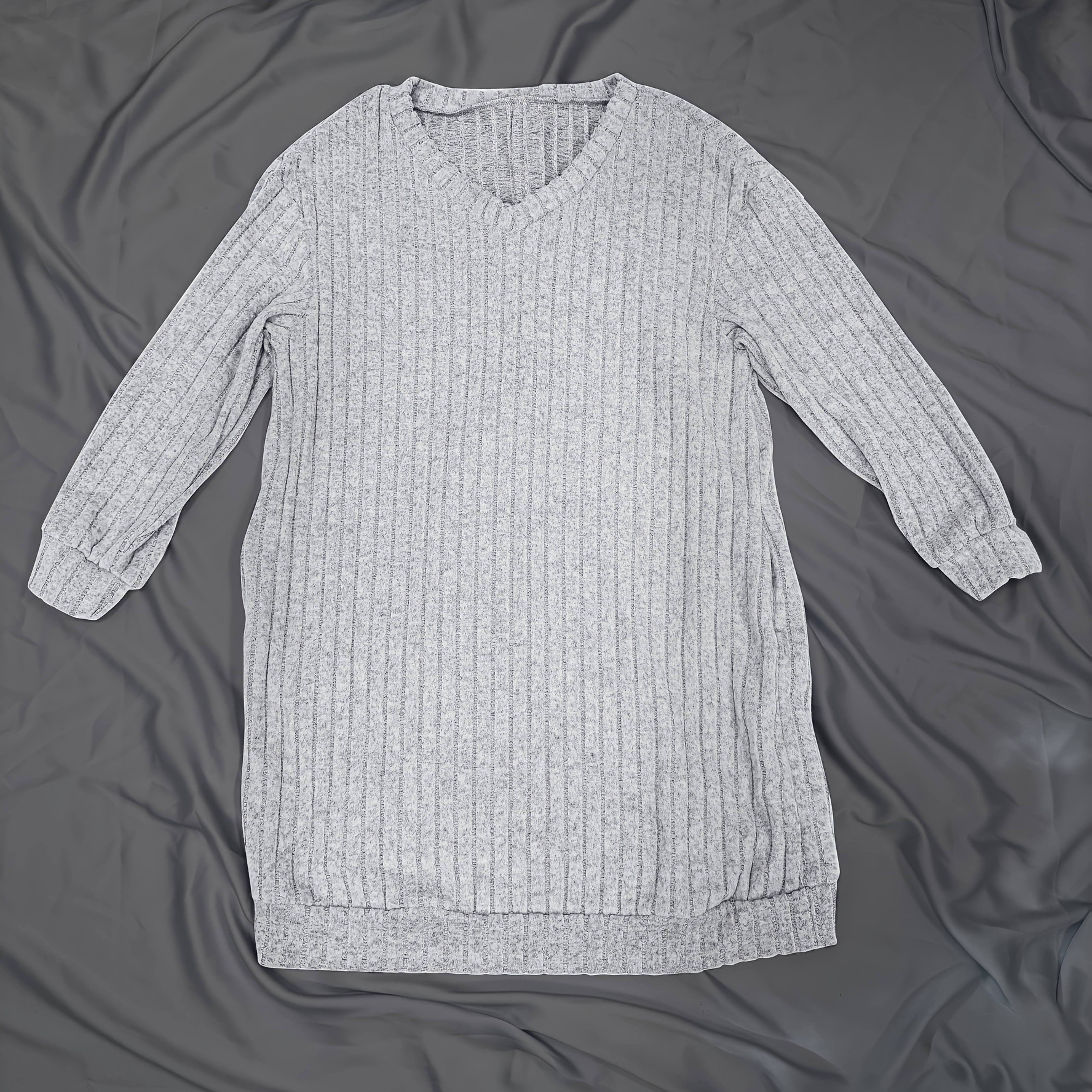 

Plus Size Solid Color Ribbed Dress, Casual Long Sleeve V Neck Midi Dress For Spring & Fall, Women's Plus Size Clothing