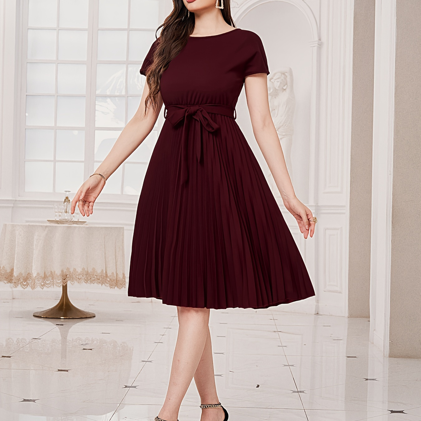 

Solid Color Crew Neck Pleated Dress, Elegant Short Sleeve Tie Waist A-line Dress For Spring & Summer, Women's Clothing