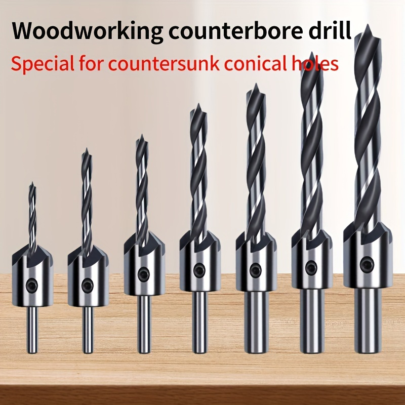 

7pcs Adjustable Woodworking Countersink Drill Bits Set, Tapered Hole Cutter With Round Shank, 3-10mm Diameter For Screw Holes, Chamfer Milling, Carpentry Tools