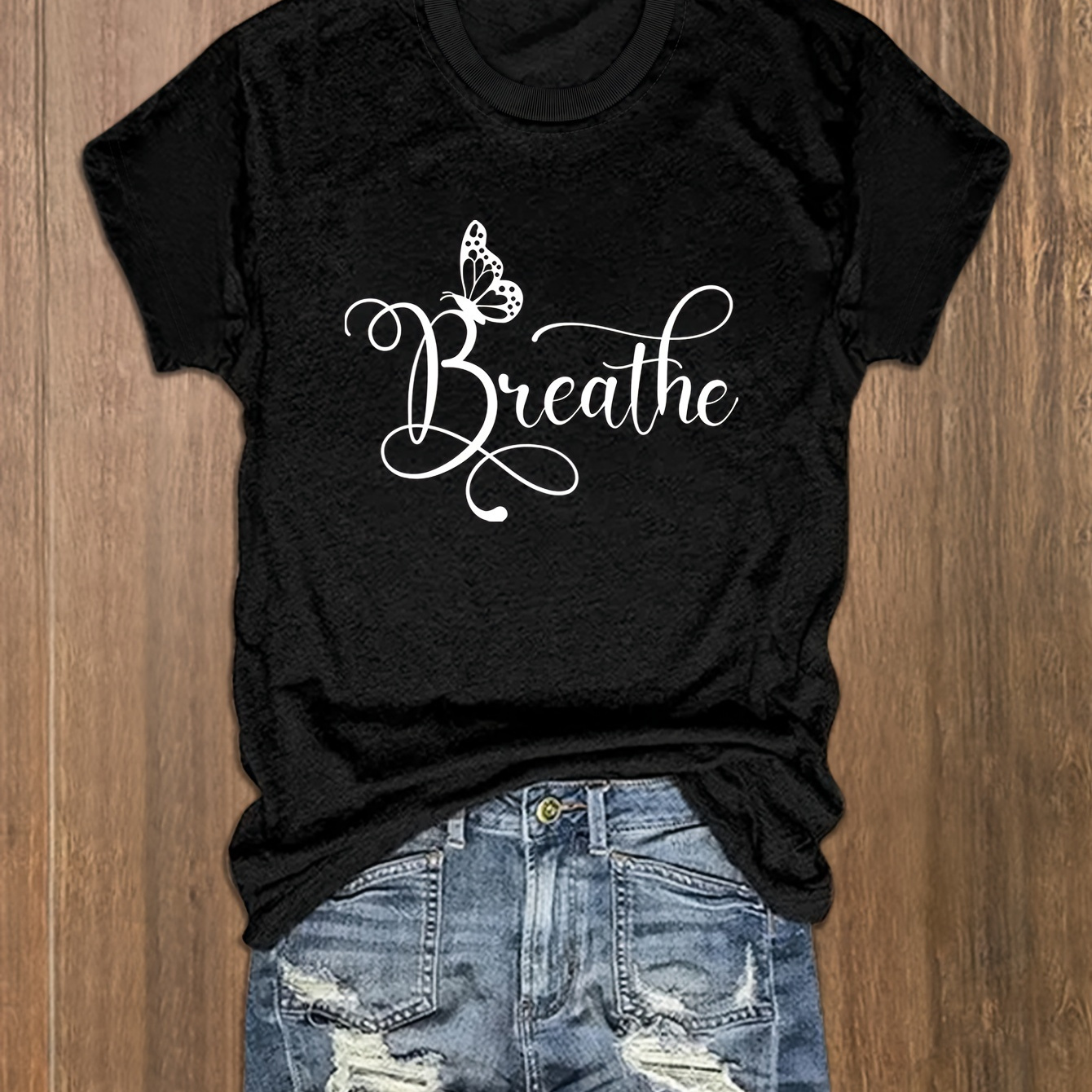 

Plus Size Casual T-shirt, Women's Plus Butterfly & Letter Print Short Sleeve Round Neck T-shirt