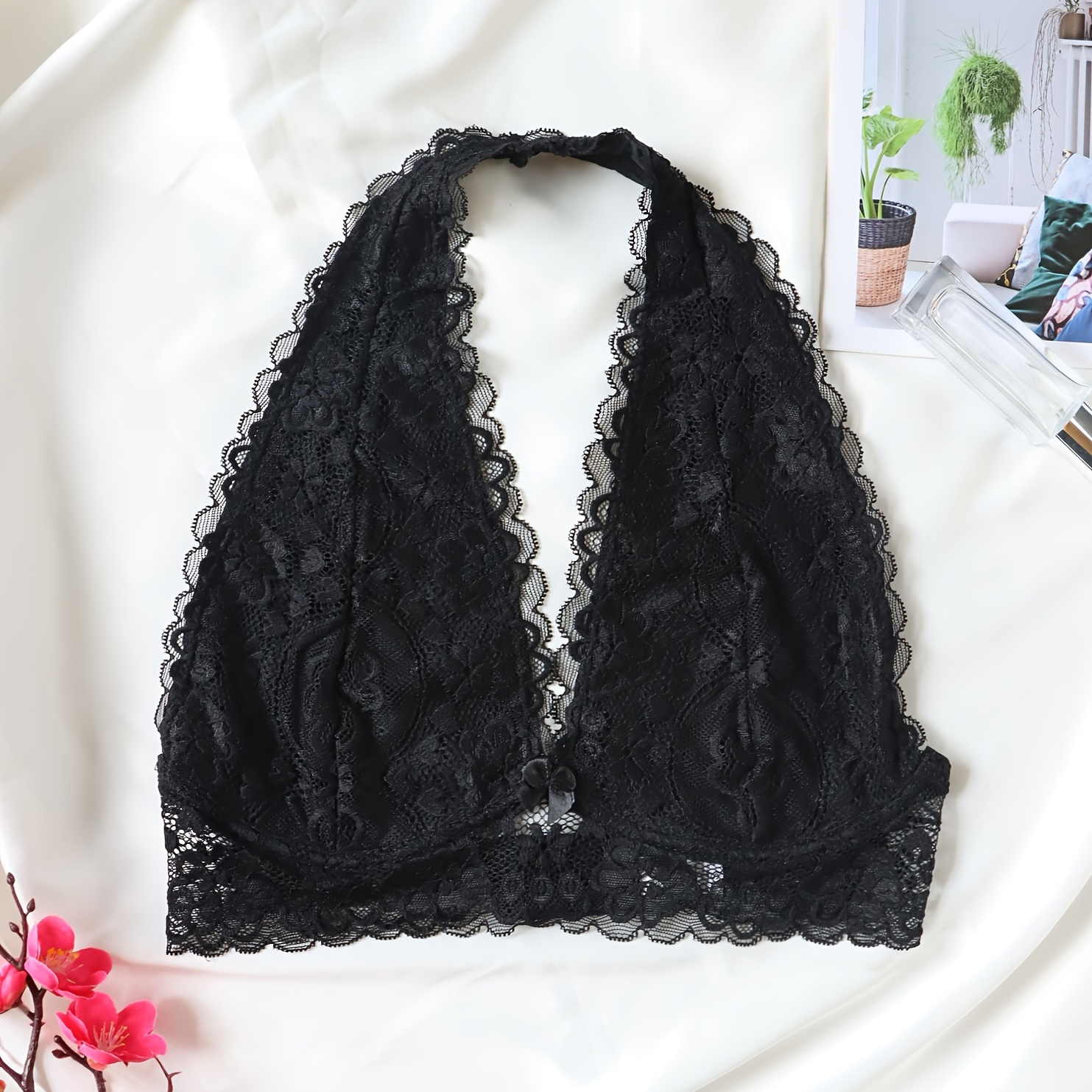 BRABIC Floral Lace Bra for Women Racerback Bralette Padded Deep V Neck  Wireless T-Shirt Halter Bra for A-C Cup (Black, S) at  Women's  Clothing store