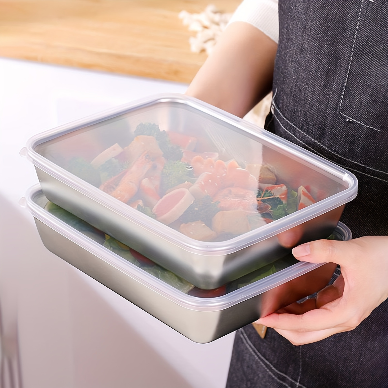 

1pc Storage Container, Stainless Steel Freshness Box With Lid, Portable And Leak Proof Food Sealed Box, For Grain, Fruit, Vegetable And Meat, Kitchen Organizers And Storage, Kitchen Accessories