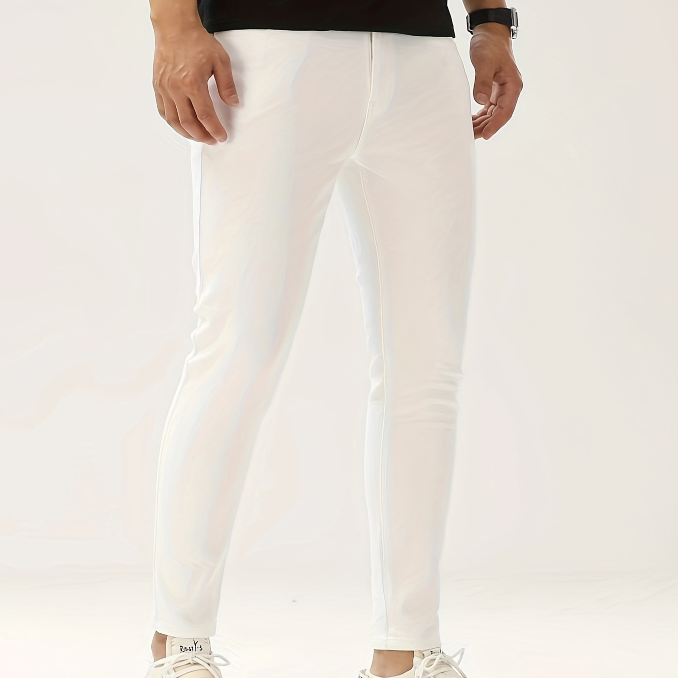 

Men's Solid Color Slightly Stretch Jeans, Chic Street Style Slim Fit Bottoms For Men, All Seasons
