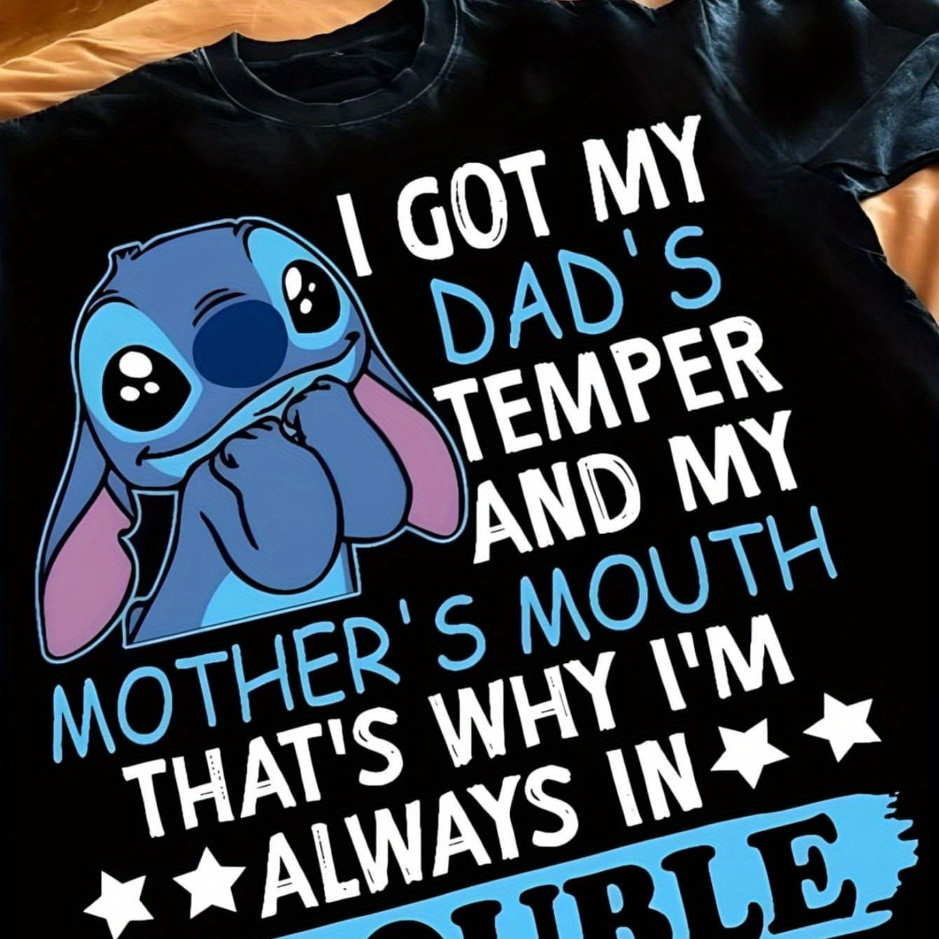 Disney Licensed Stitch "I Got My Dad's Temper" Graphic Men's T-Shirt - 100% Cotton Soft Breathable Loose Fit Casual Tee for Summer, Beach, Outdoor & Festivals, Beach Vacation Apparel, Playful Design Shirt, Durable Print Top