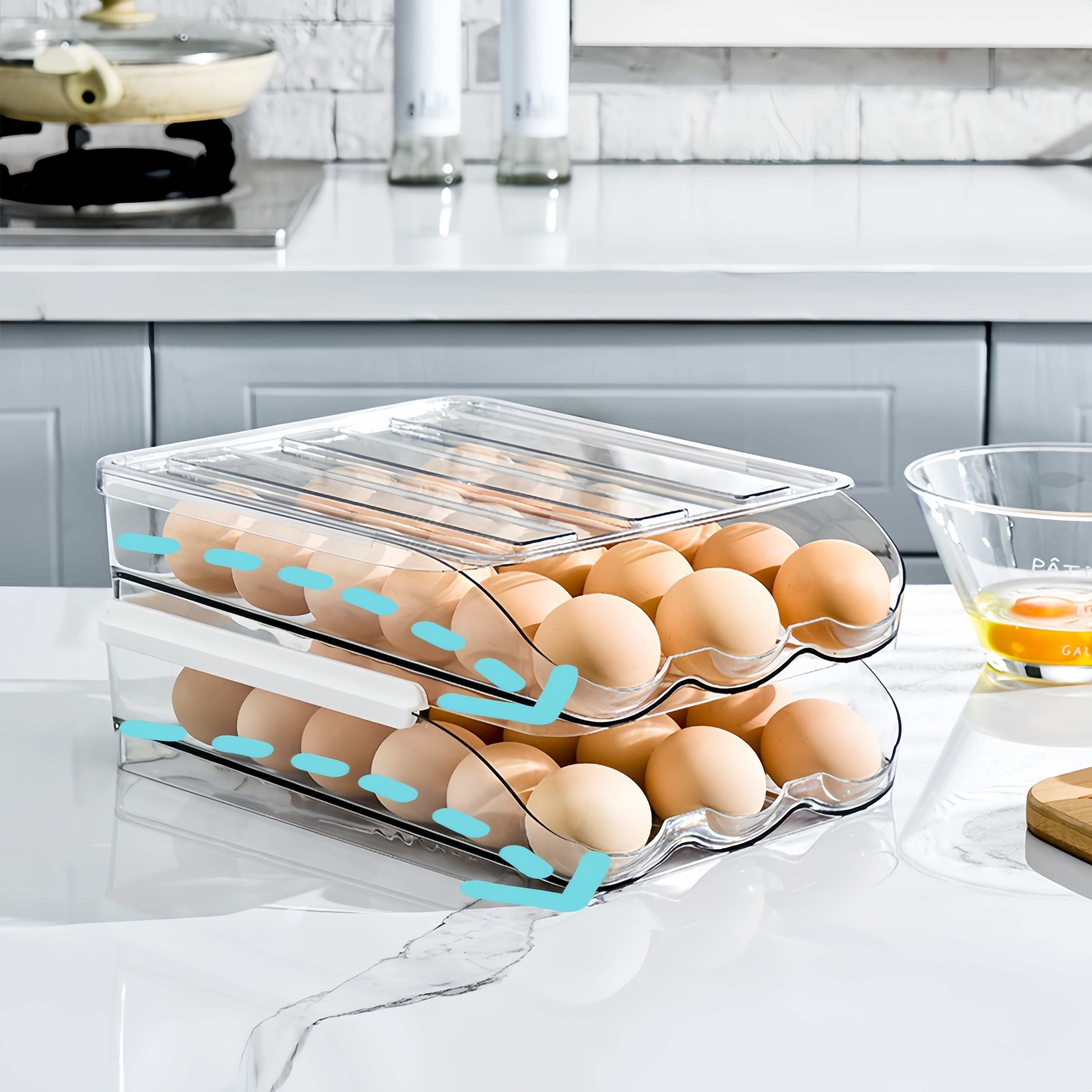 Kitchen Rolling Egg Container, Large Capacity Organizer For Fridge With Lid Clear Plastic Egg Dispenser Auto Refill