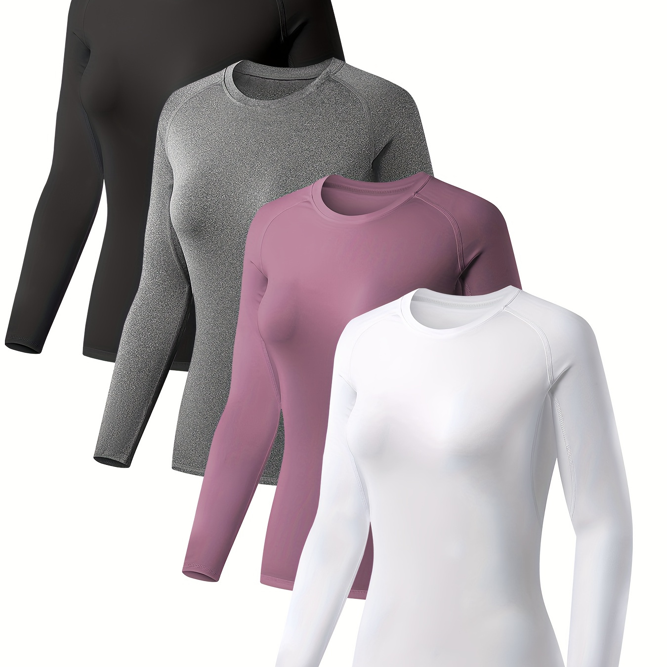 

4pcs Women's Compression T-shirt, Long Sleeve Solid Color Workout Baselayer Athletic Top, Women's Activewear