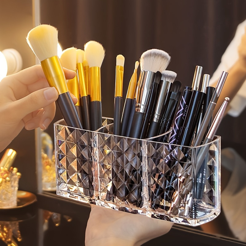

Chic Diamond-patterned Acrylic Makeup Organizer - 3-section Pen & Brush Holder For Vanity, Bedroom, Office