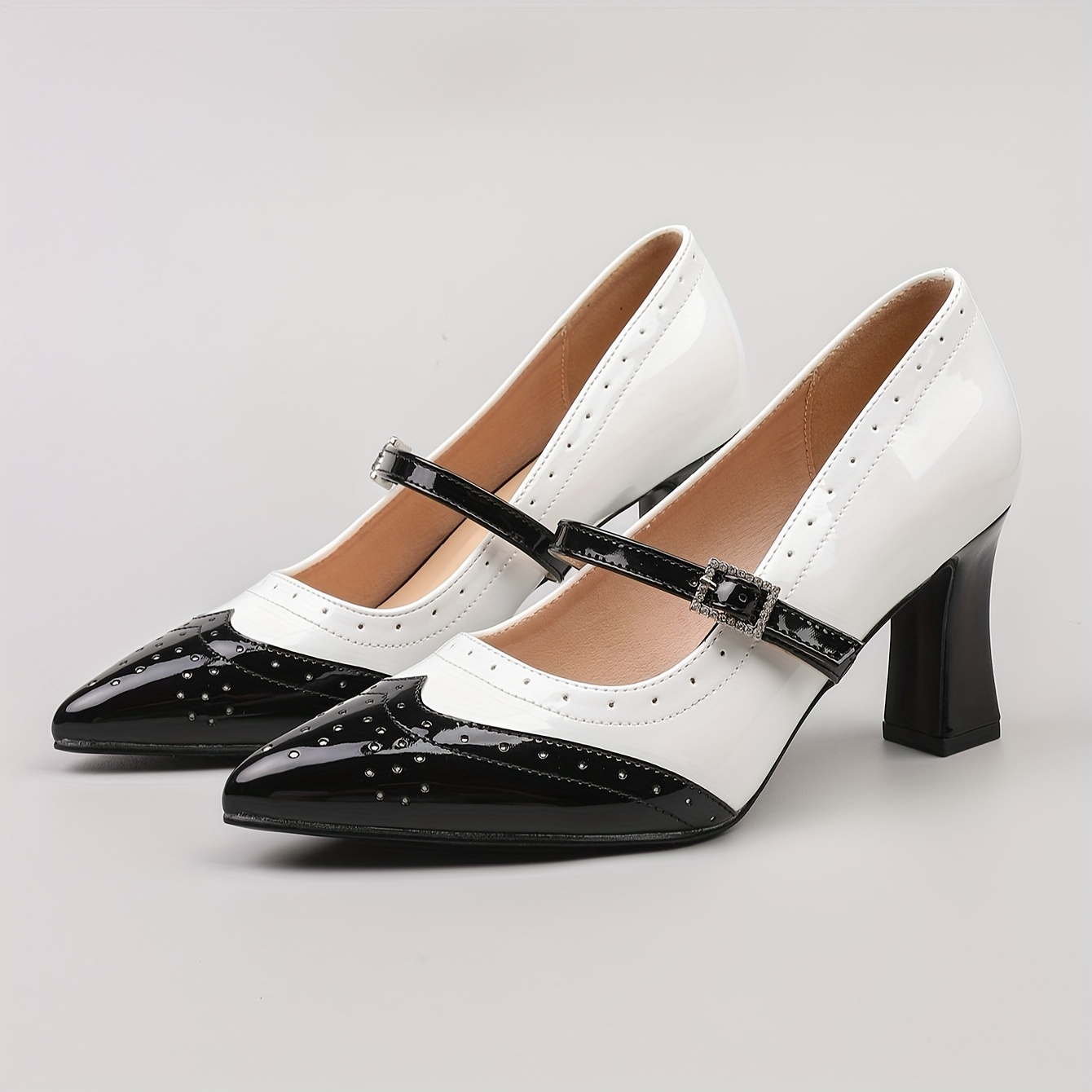 

Women's Elegant Colorblock Pumps, Ankle Buckle Shallow Mouth Chunky Heels, Point Toe Dressy Shoes