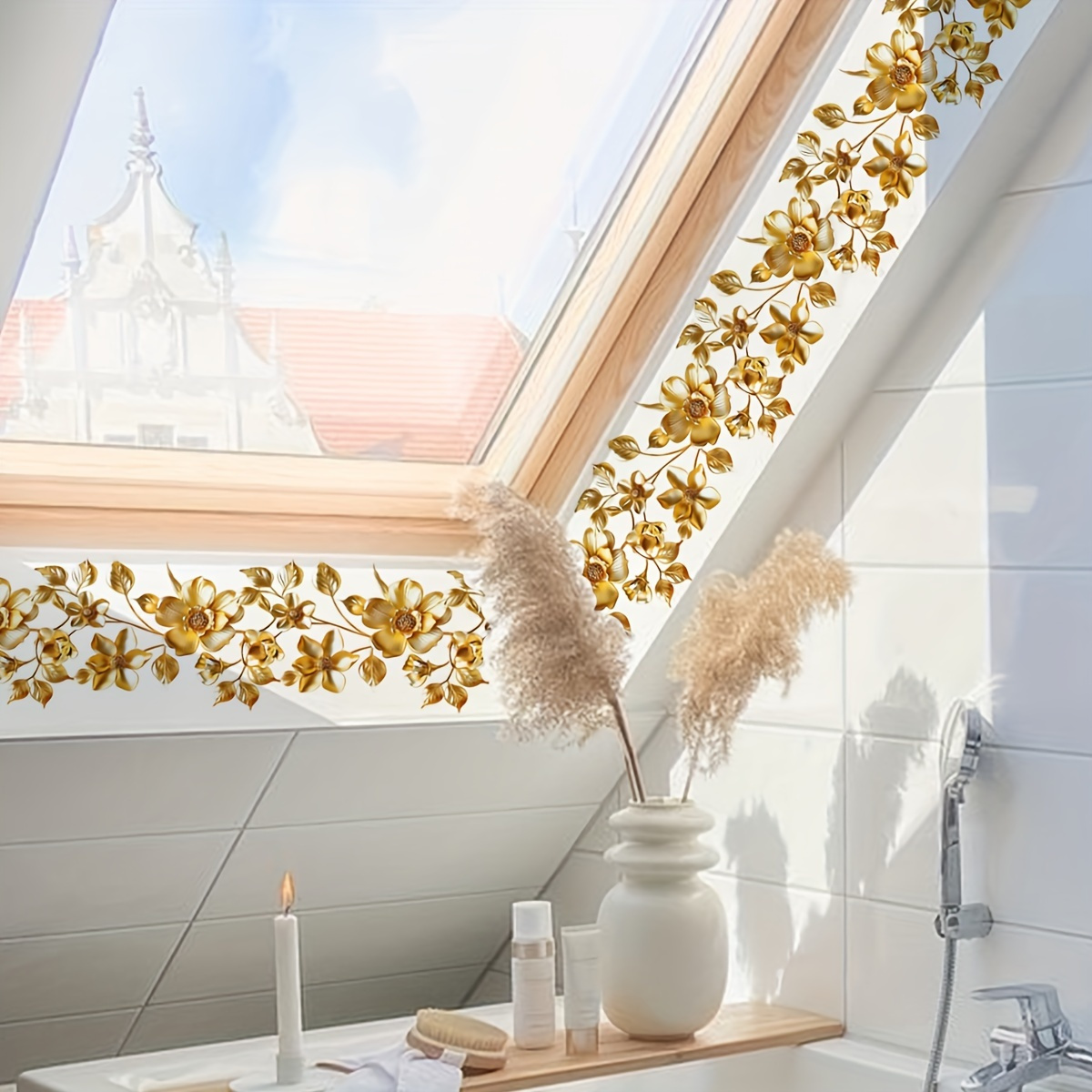 

Contemporary Golden Floral Wall Decal - Self-adhesive, Reusable, And Durable For Glass Surfaces