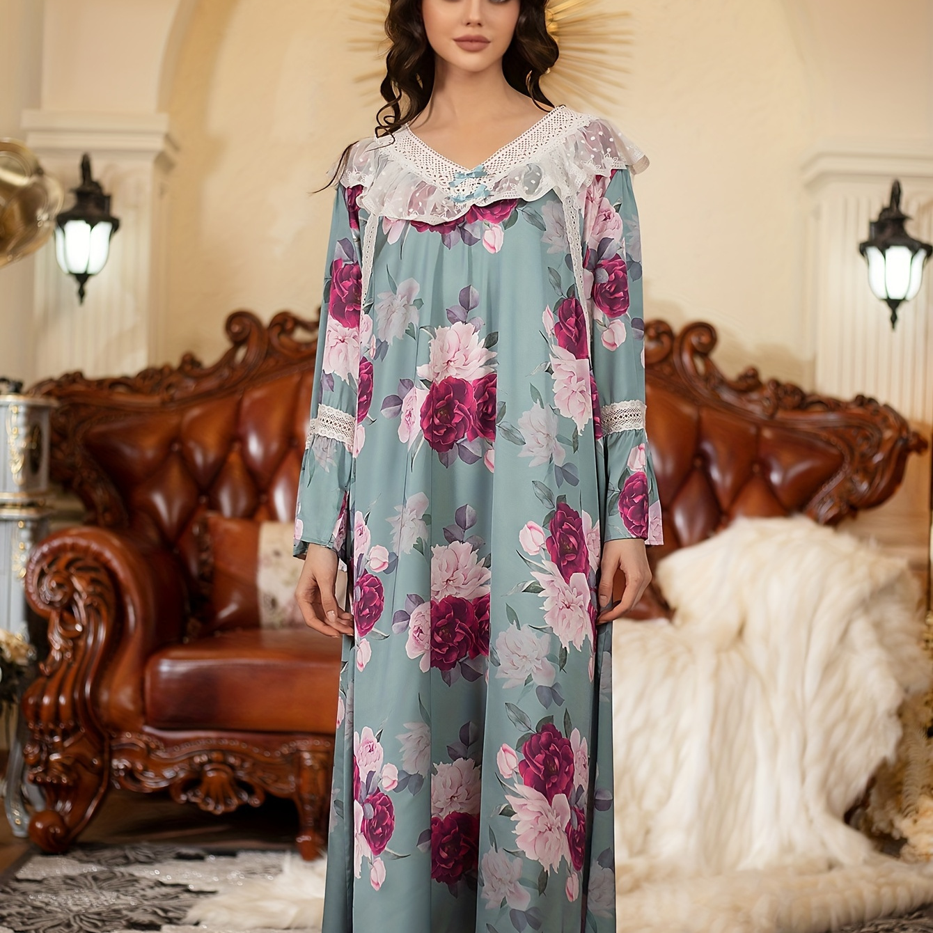 

Retro Floral Print Lace Trim Nightdress, Bell Sleeve V Neck Maxi Sleep Dress, Women's Sleepwear & Dresses