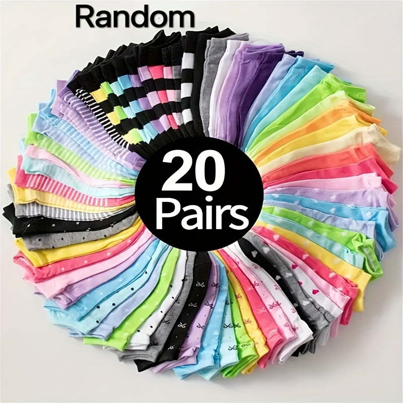 

20 Pairs Multicolor Pattern Socks, Cute & Breathable Low Cut Ankle Socks, Women's Stockings & Hosiery