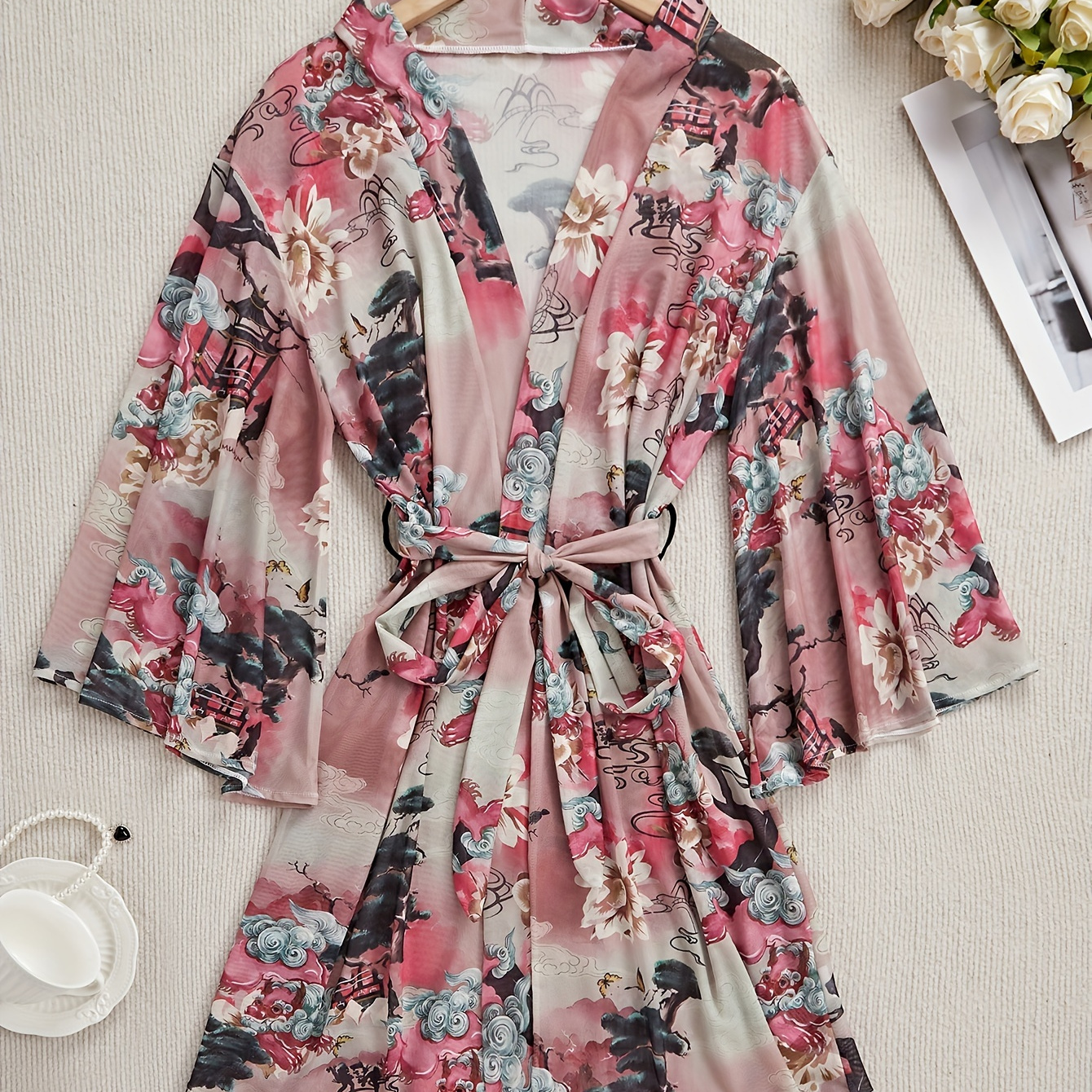 

Women's Chinese Painting Print Kimono Robe, Lightweight Night Robe, Sexy With Belt Autumn