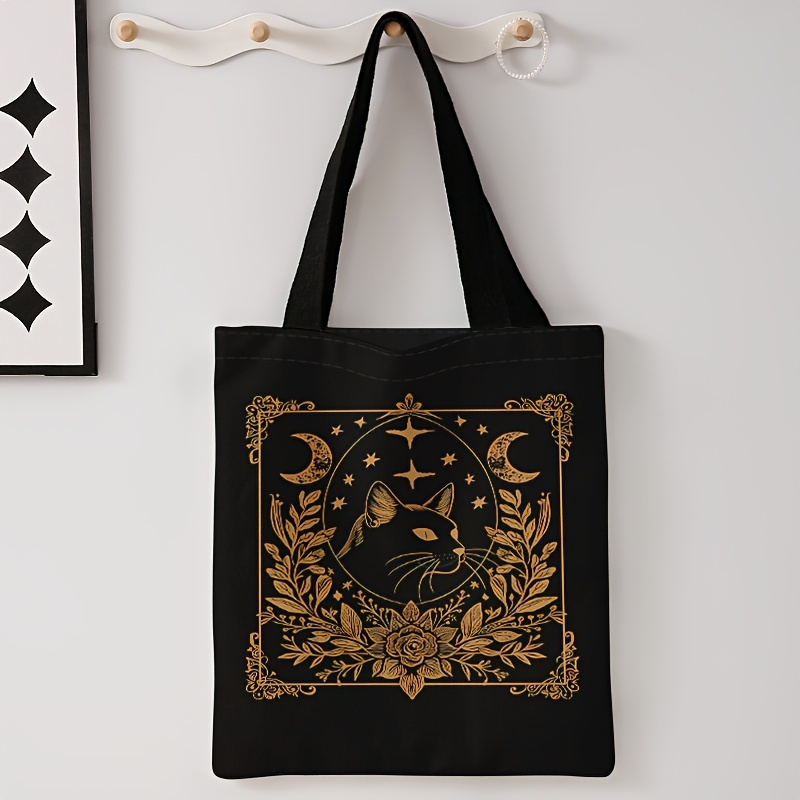 

Elegant Black Canvas Tote Bag With & Moon Design - Stylish Shoulder Shopping Bag, Reusable & High-quality, With Floral And Star Patterns