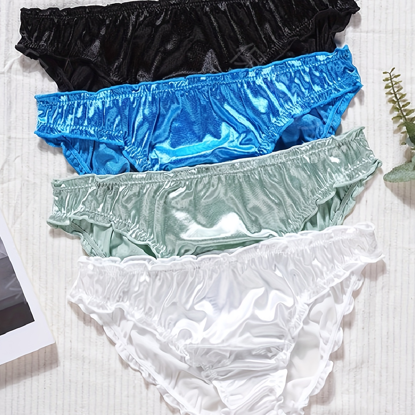 

4pcs Sexy Satin Briefs For Women - Soft, Stretchy & Seamless With Lettuce Trim, , Solid Colors