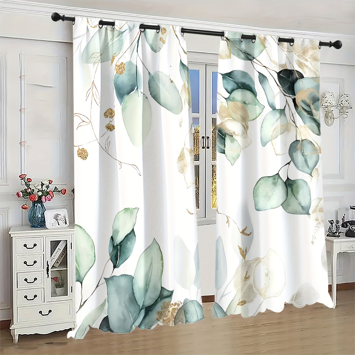 

2 Pieces. Garden Plants Eucalyptus Leaves Flower Decoration, Digital Printed Living Room Curtains, 12 Perforated Curtains Living Room Furniture Decoration