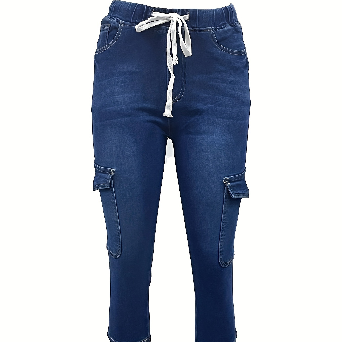 

Blue Flap Pockets Capris Denim Jeans, Slim Fit Drawstring Elastic Waist Slight-stretch Denim Pants, Women's Denim Jeans & Clothing