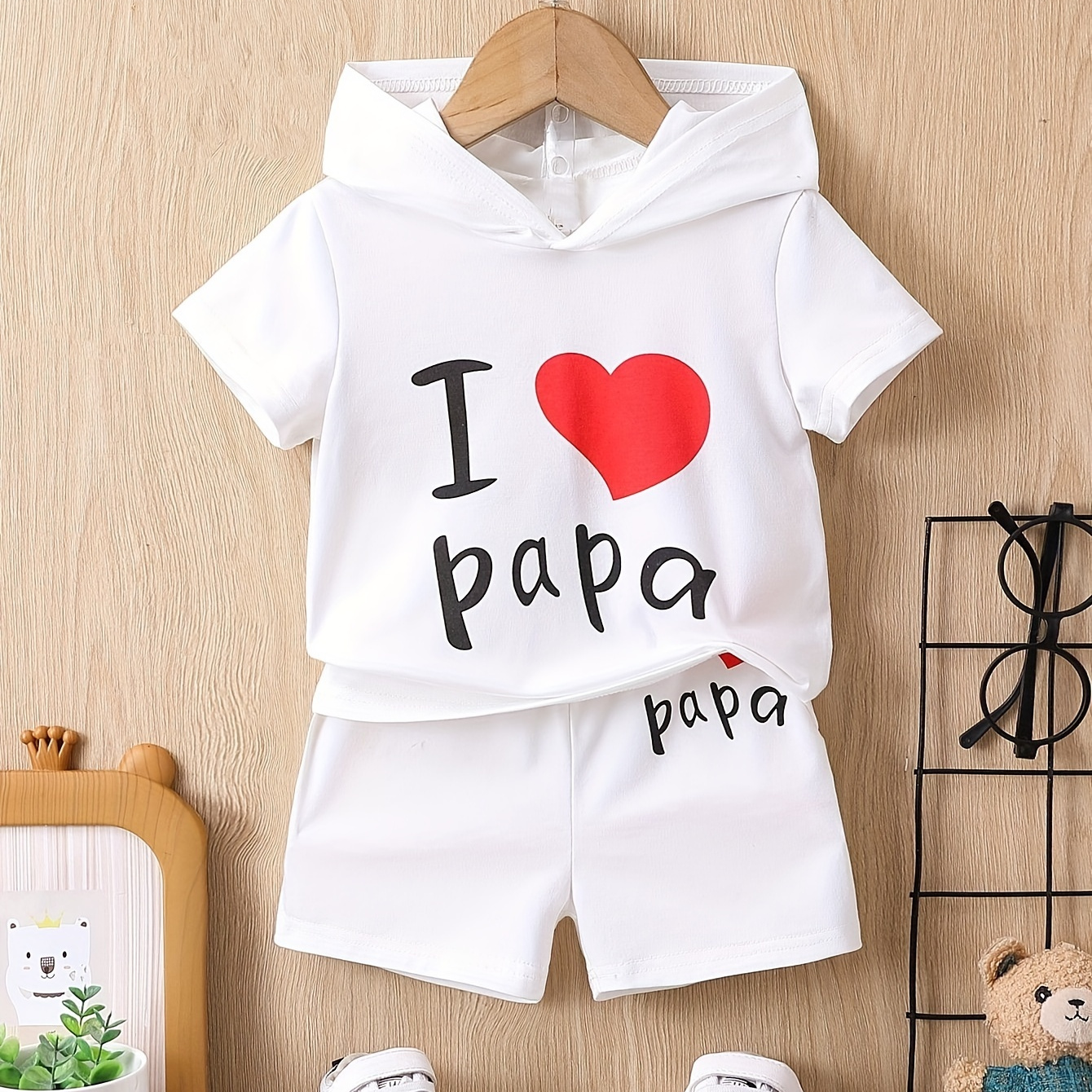 

2pcs Baby Boy's "i Love Papa" Print Summer Set, Short Sleeve Hooded T-shirt & Shorts, As Gift