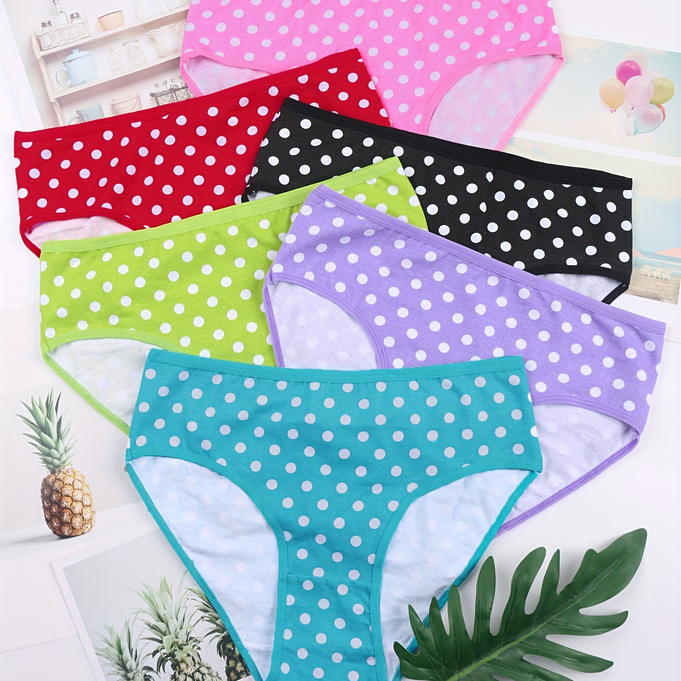 

6pcs Polka Dot Print Briefs, Comfy Breathable Stretchy Intimates Panties, Women's Lingerie & Underwear
