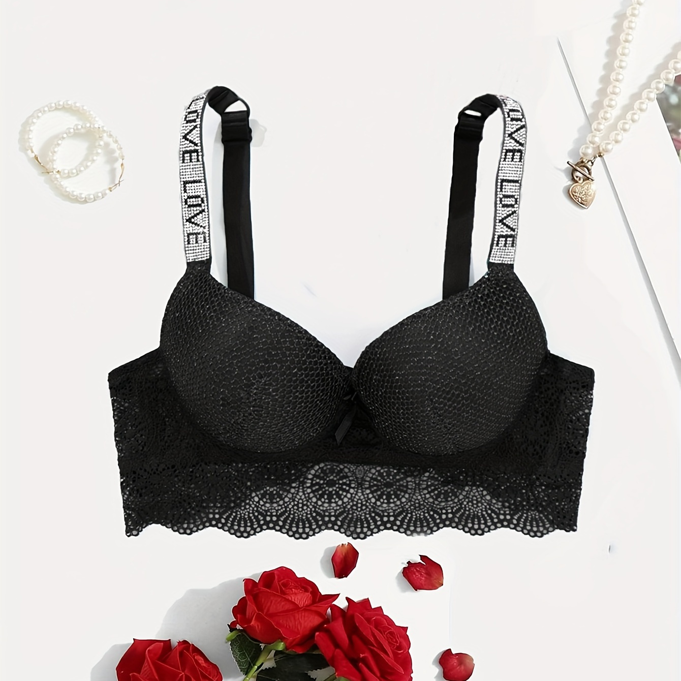 

Contrast Lace Push Up Bra, Comfy Scallop Trim Rhinestone Straps Bra, Women's Lingerie & Underwear