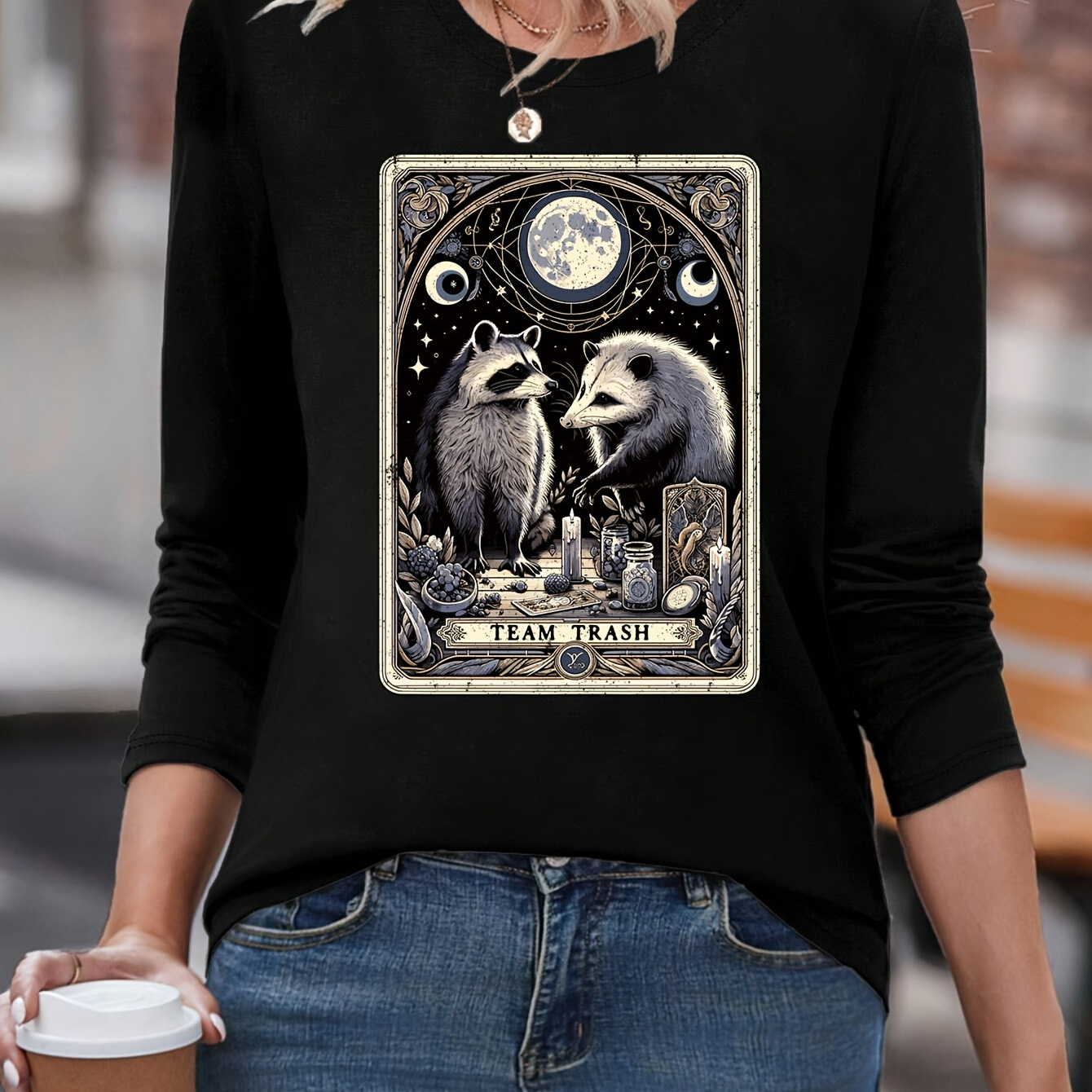 

Card Opossum Print T-shirt, Long Sleeve Crew Neck Casual Top For Spring & Fall, Women's Clothing