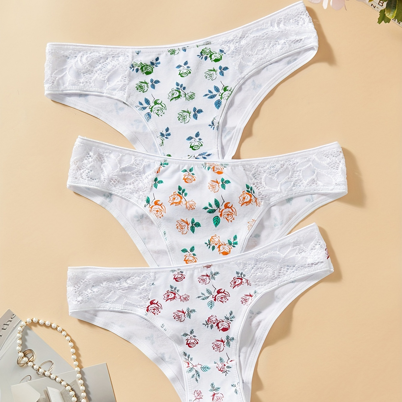 

3pcs Elegant Floral Print Lace Panties, Breathable & Comfy Seamless Intimates Panties, Women's Lingerie & Underwear