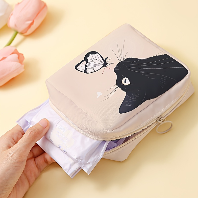

1pc Cat And Butterfly Print Portable Sanitary Napkin Storage Bag, Candy Sundries Organizer, Lightweight Mini Multi-purpose Pouch