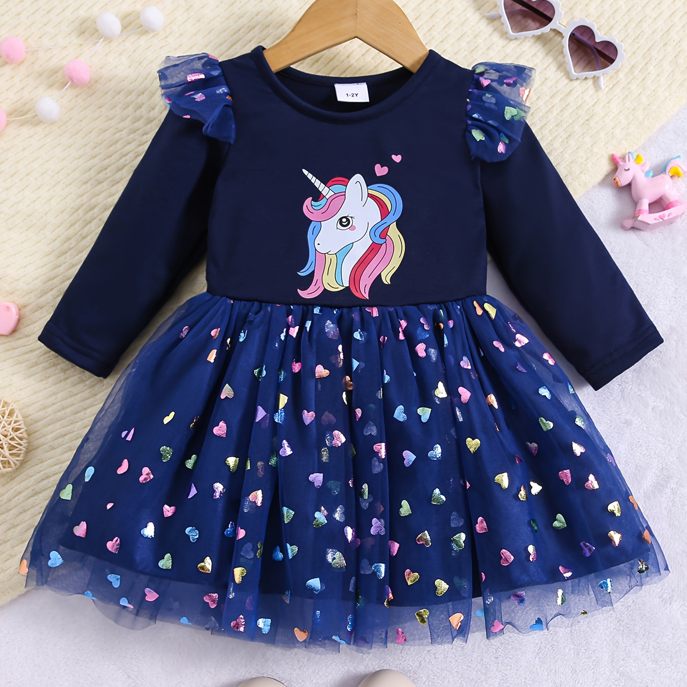 Girls Cute Cartoon Ruffled Cotton Dress With Unicorn Rainbow - Temu