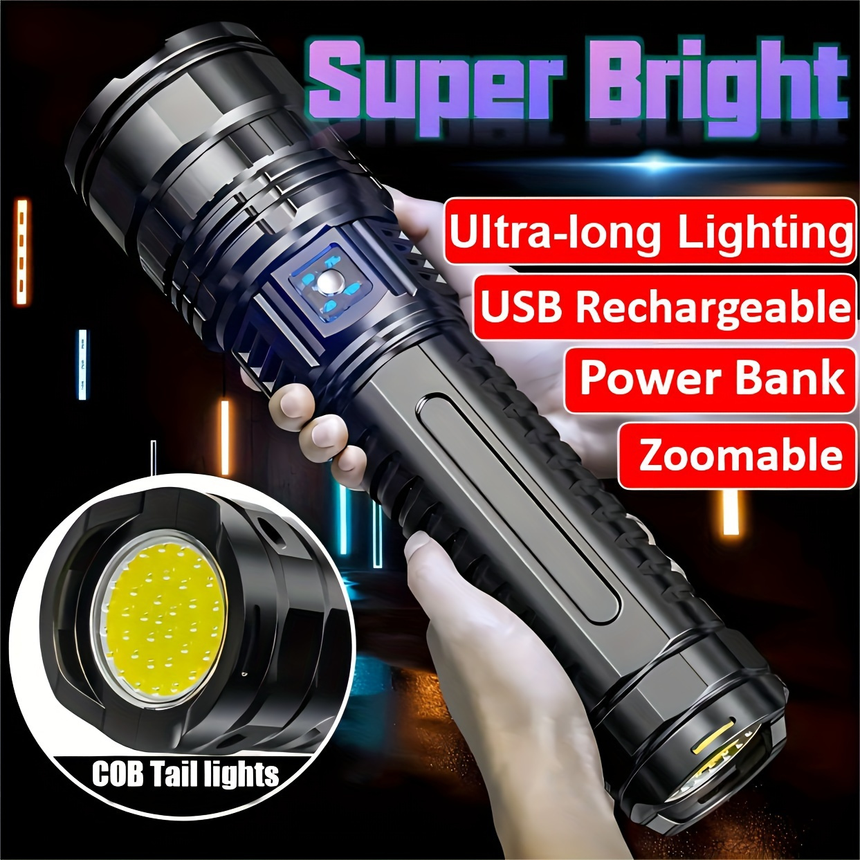 

Ultra-bright Led Flashlight With Usb Rechargeable Battery - Powerful Searchlight, Zoomable Cob Tail Light For Camping, Hunting, Hiking & Emergency Adventures