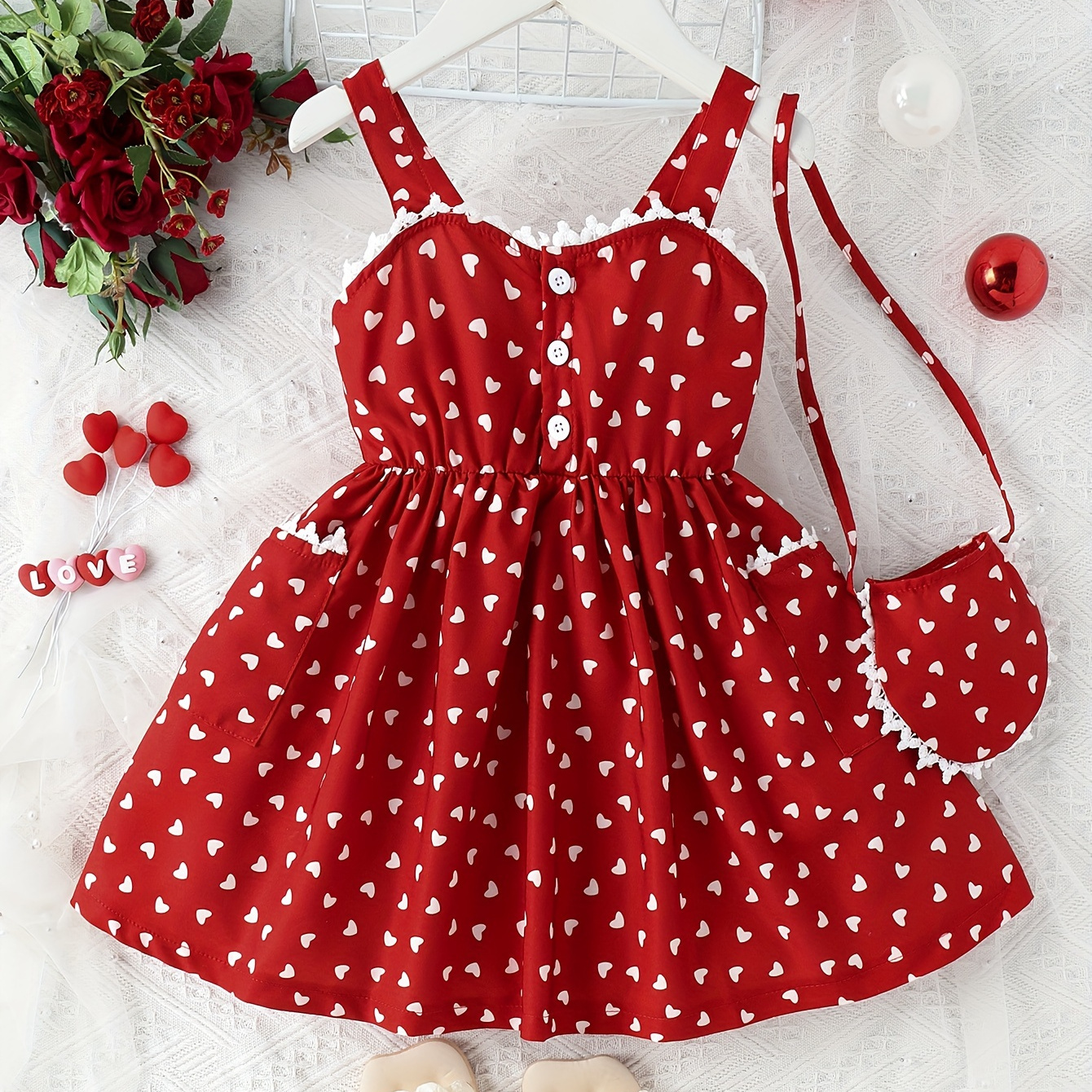 

Toddler Girls Heart Graphic Sleeveless Dress With Pockets & Bag Summer Party Gift Valentine's Day