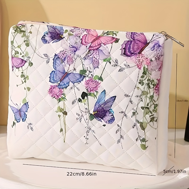 

1 Butterfly Flower Printed Pattern Embroidered Makeup Bag Carrying Bag, Portable Makeup Storage Bag With Zipper, Multifunctional Storage Bag, Lightweight Travel Bag