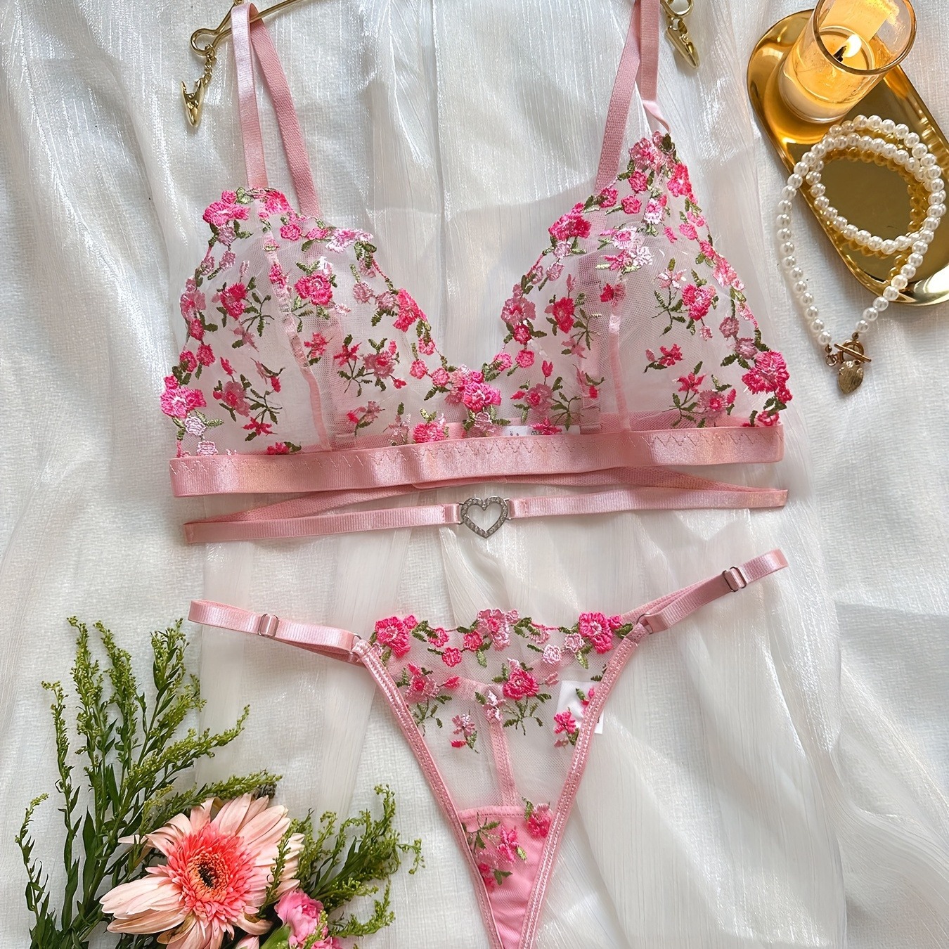Floral Embroidery Lingerie Set Cut Unlined Bra Mesh Thong - Temu