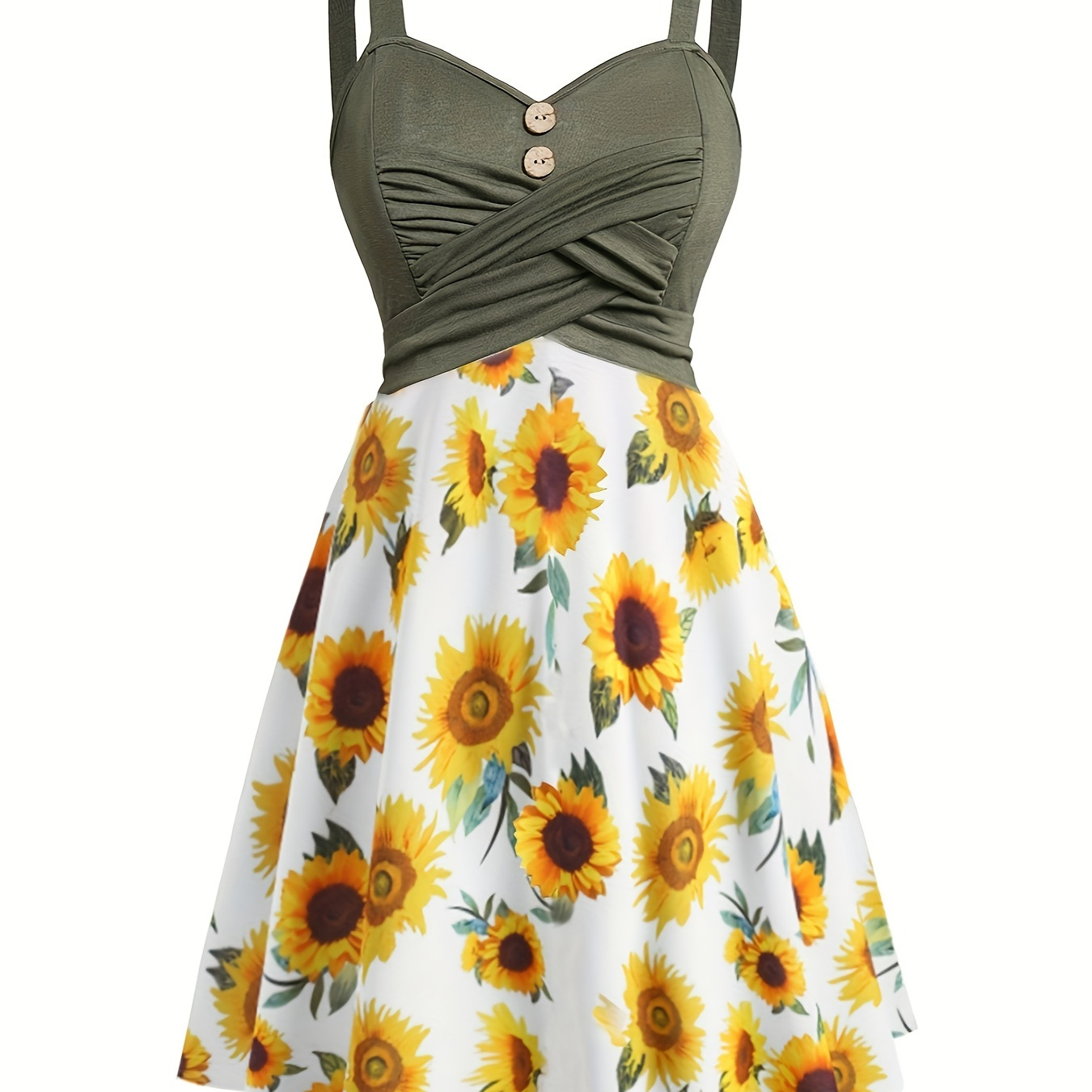 

Sunflower Print Patchwork Tank Dress, Vintage Button Detail Crisscross Front Sleeveless Dress, Women's Clothing