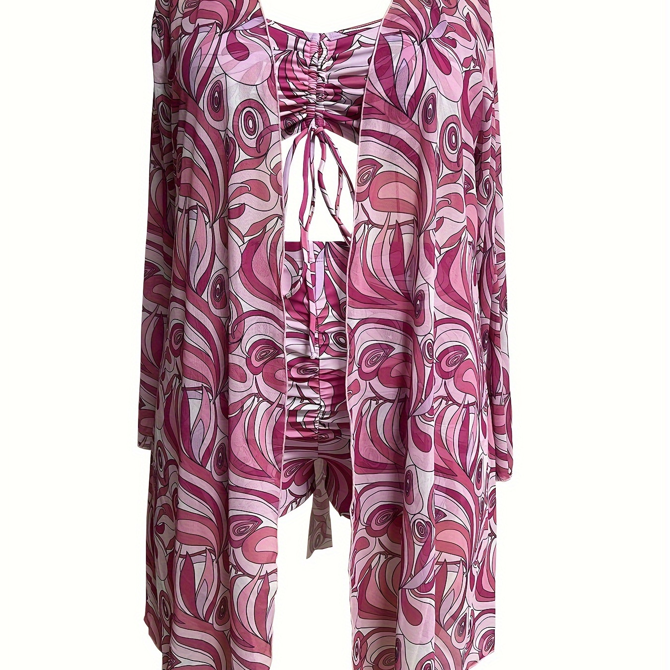 

Plus Size Boho Bikini Set, Women's Plus Paisley Print Lace Up Front Bra & Shorts & Open Front Cover Up Swimsuit 3 Piece Set