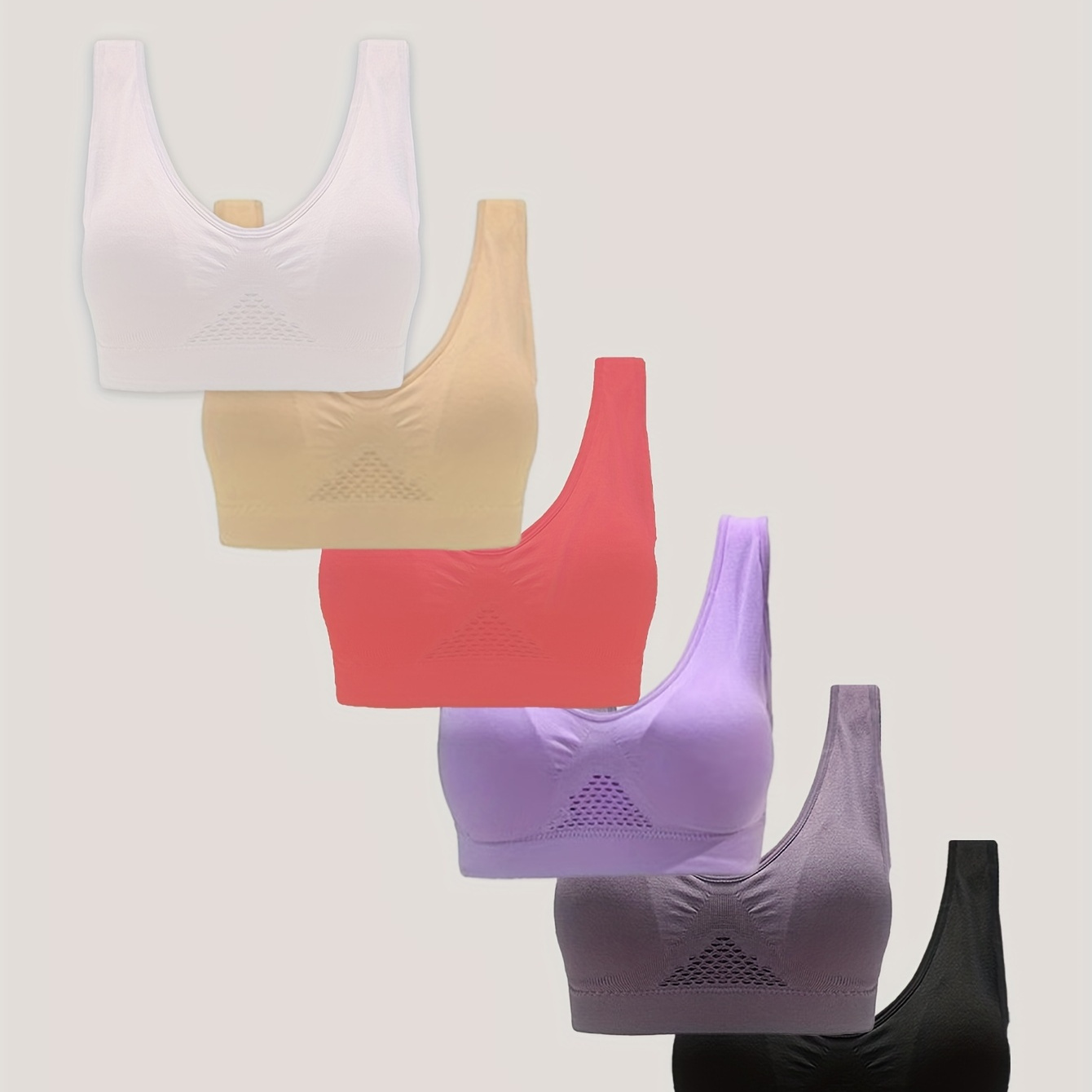 

6pcs Sports Tank Bra, Comfy & Breathable Solid Hollow Mesh Bra, Women's Lingerie & Underwear