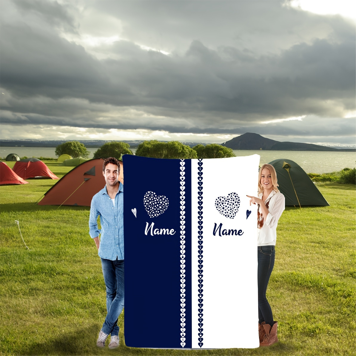 

1pc Customized Text Name Couple Blanket, Blue And White Heart Pattern Customized Name Blanket, Gift Blanket For Lover, Suitable For Bed Use Sofa Use Office Chair, Outdoor Camping