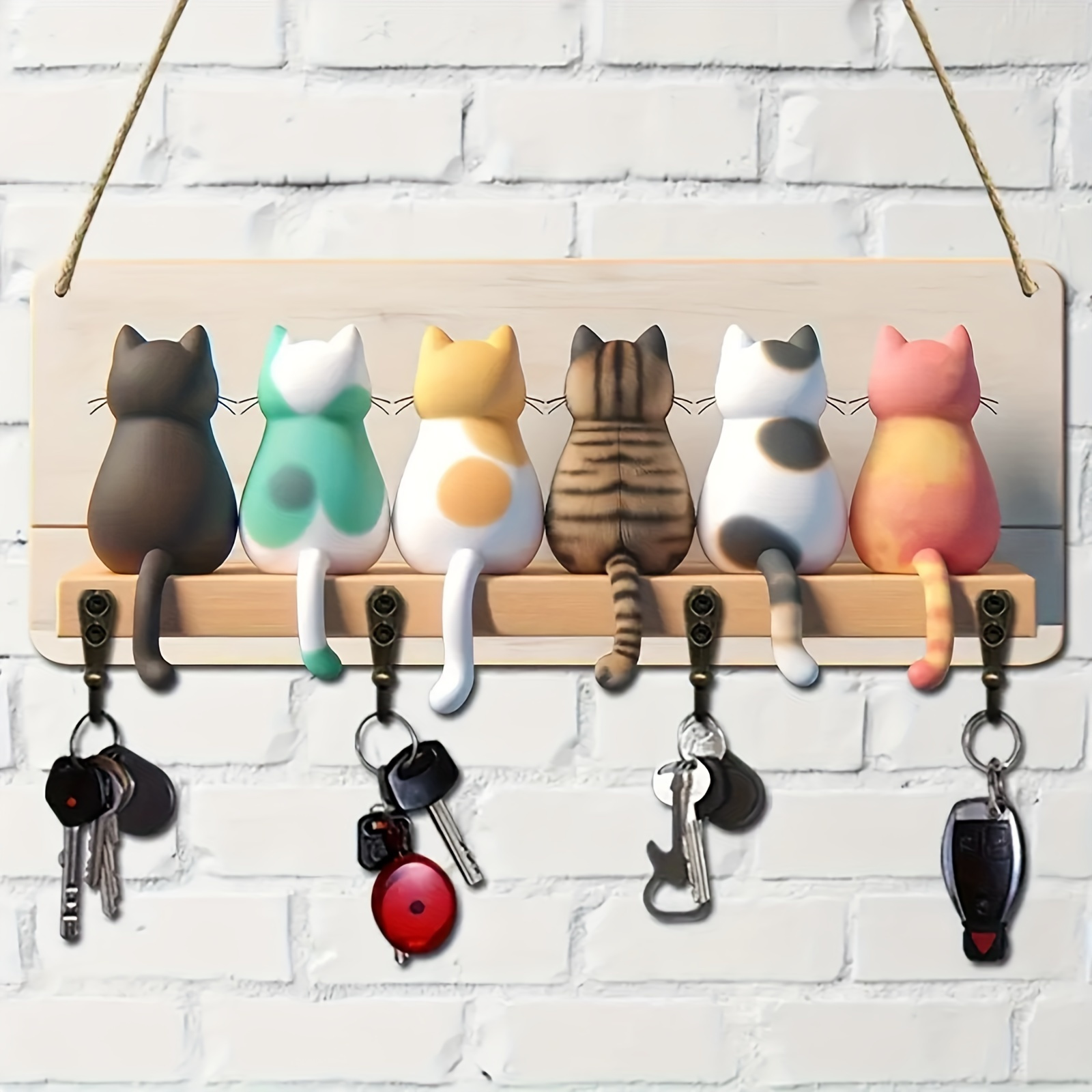 

Cat Silhouette Key Holder With 4 Metal Hooks - Wall Mount Wooden Key Rack, , , Animal Theme For Entryway, Room, Farmhouse Decor