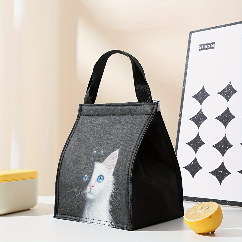 

Chic Black & White Cat Print Insulated Lunch Bag - Waterproof, Large Capacity Bento Box Carrier For Work, School, Picnic, Camping - Stylish Women's Handbag