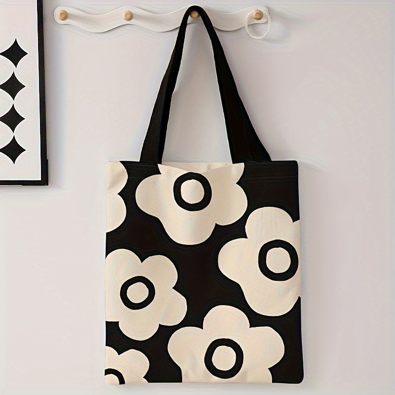 

Women's Floral Print Polyester Tote Bag | Large Capacity Shoulder Bag With Black & White | , Reusable Shopping And Beach Handbag | Stylish For