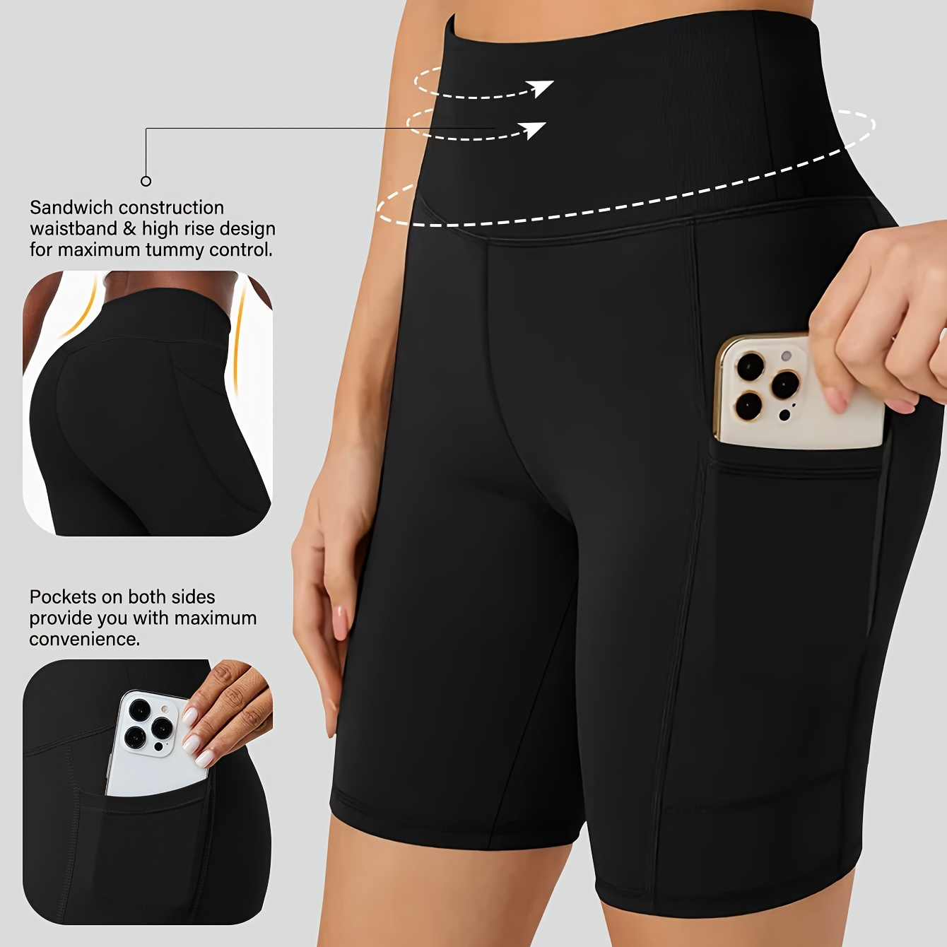 

High Waist Sporty Cycling Shorts With Side Pockets, Stretchy Compression Workout Base Layer Pants, Women's Clothing