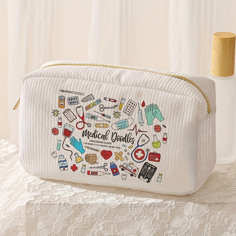 

Medical Doodles Print Polyester Cosmetic Bag For Women, Non-waterproof, Unscented Makeup Organizer Pouch With Zipper Closure For Travel And Daily Use