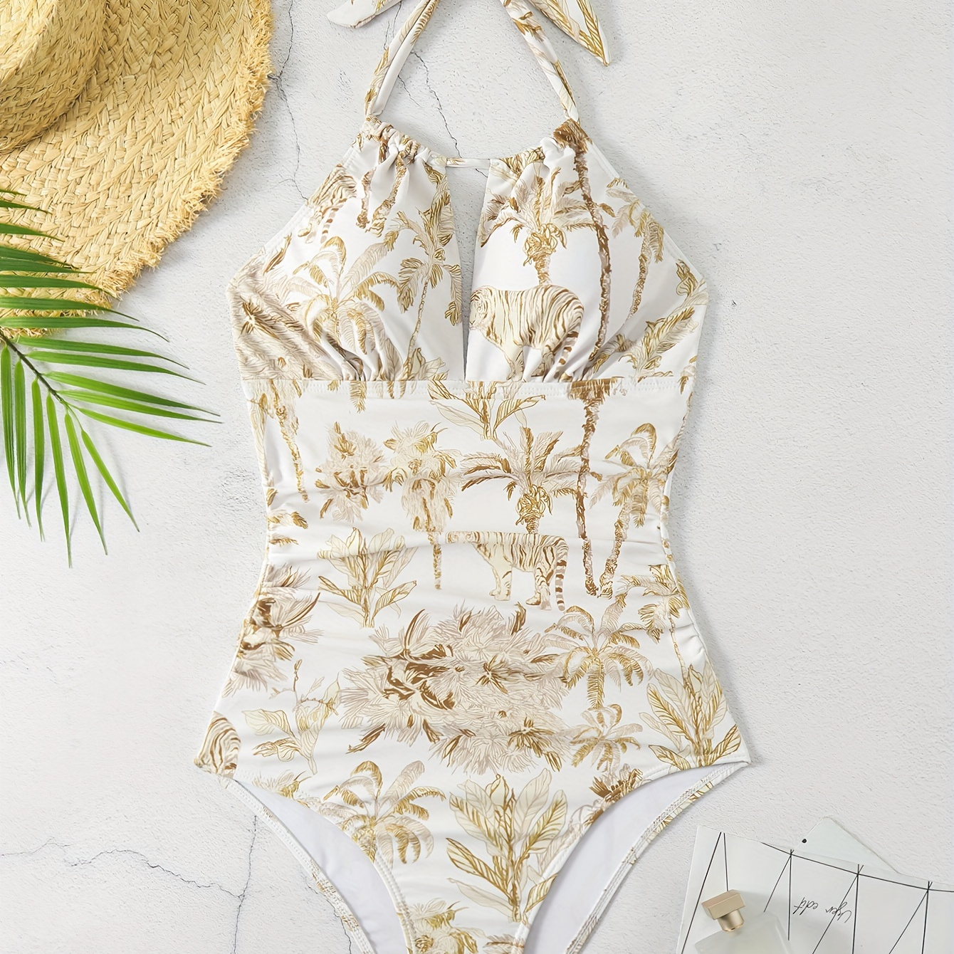 

Tiger & Trees Print One-piece Swimsuit, Halter Neck High Cut Bathing Suits, Women's Swimwear & Clothing
