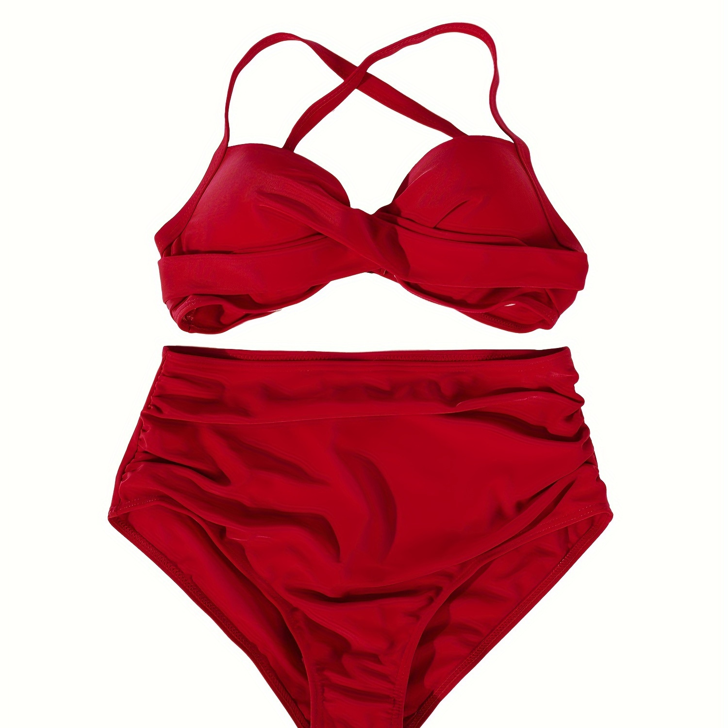 

Twist Criss Cross Ruched Bikini, High Strech Straps Solid Color 2 Piece Set Swimsuits, Women's Swimwear & Clothing